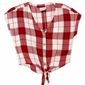 Universal Thread Red & White Plaid Tie Front Button-Up V-Neck Top Women's Size S
